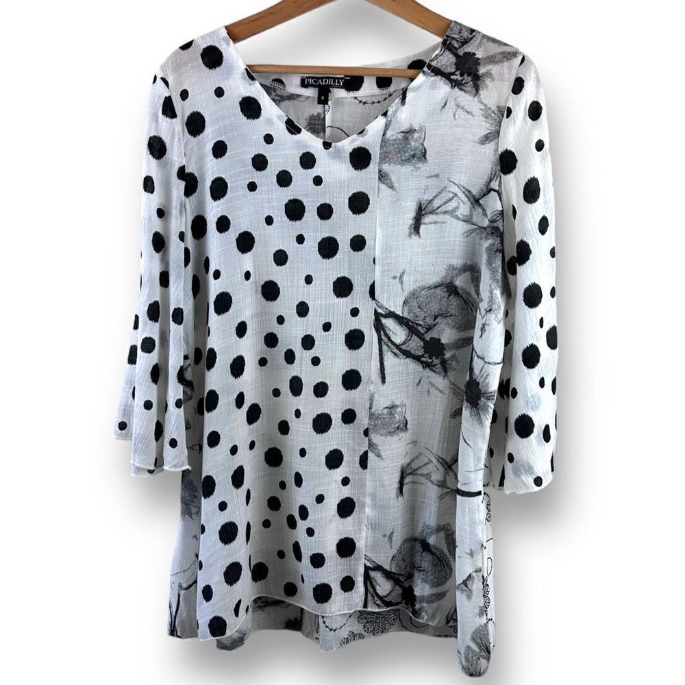 Picadilly Womens Polka Floral Tunic Top Flare 3/4 Sleeve‎ V Neck White Black 8